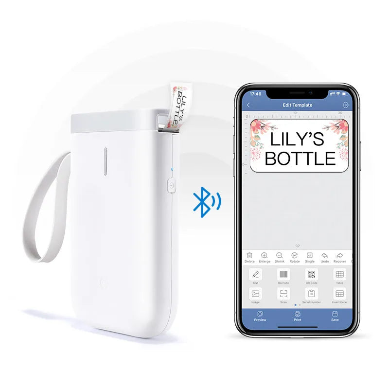 D11 Bluetooth thermal label printer in black, white, pink, green, or bundle colours, shown with smartphone running the label design app.