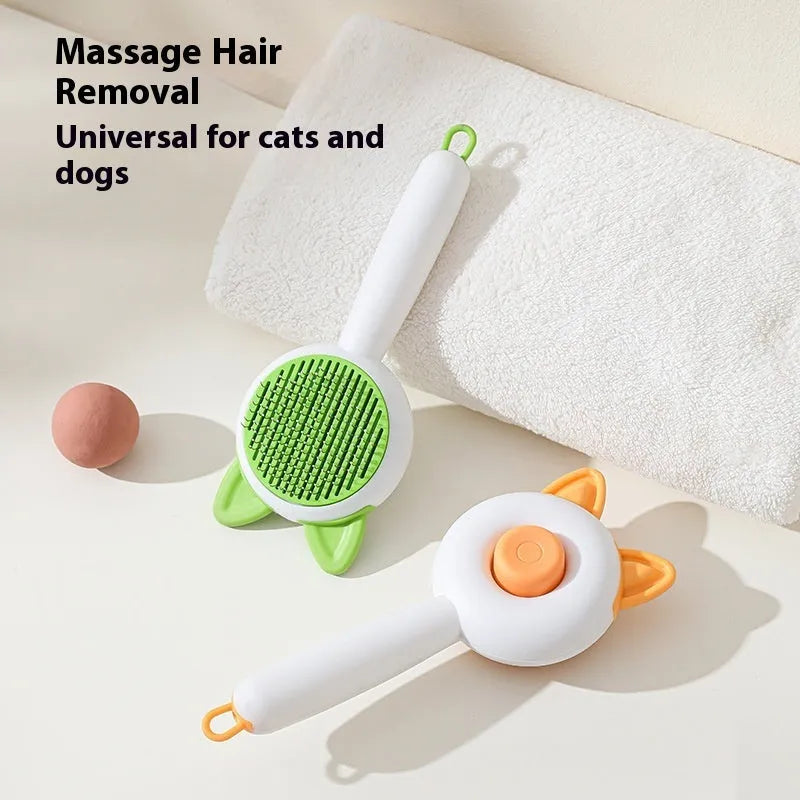 Self-cleaning cat grooming comb with stainless steel pins and rubber massage nodules in greenish white colour