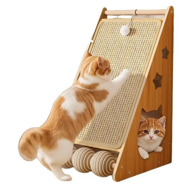 Vertical wall-mounted cat scratch board with sisal surface and hemp rope ball toy