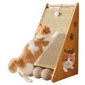 Vertical wall-mounted cat scratch board with sisal surface and hemp rope ball toy