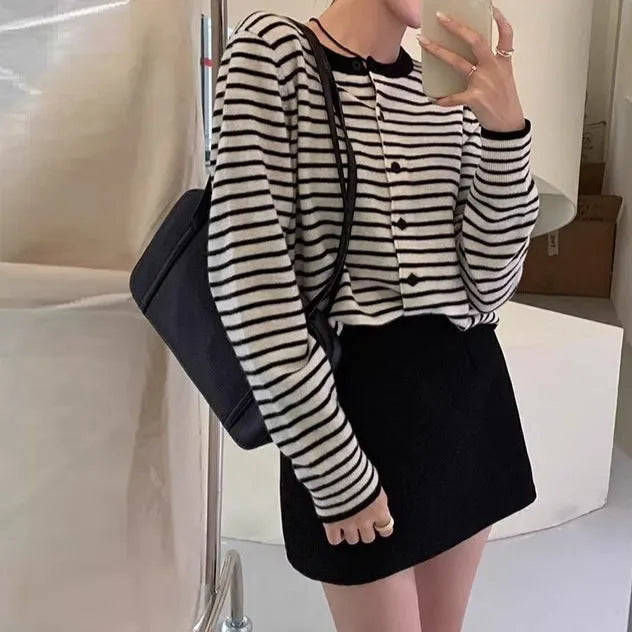 French-style women's striped cardigan in dark grey and white with slim fit and 40cm length