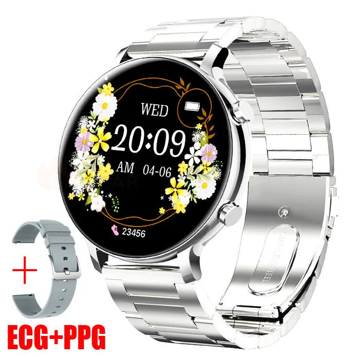 Bluetooth smartwatch with stainless steel strap showing 41-43mm screen with heart rate display