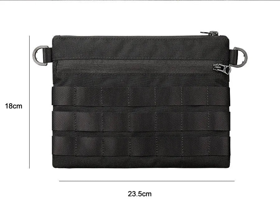 Black Oxford cloth military kit bag showing compact 18cm by 3.5cm size.