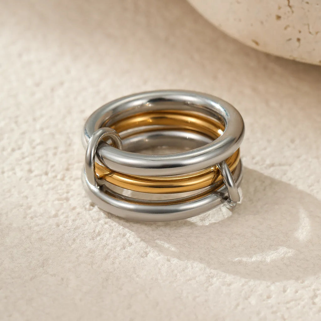 Stacked colour matching stainless steel ring set with 18K gold plating