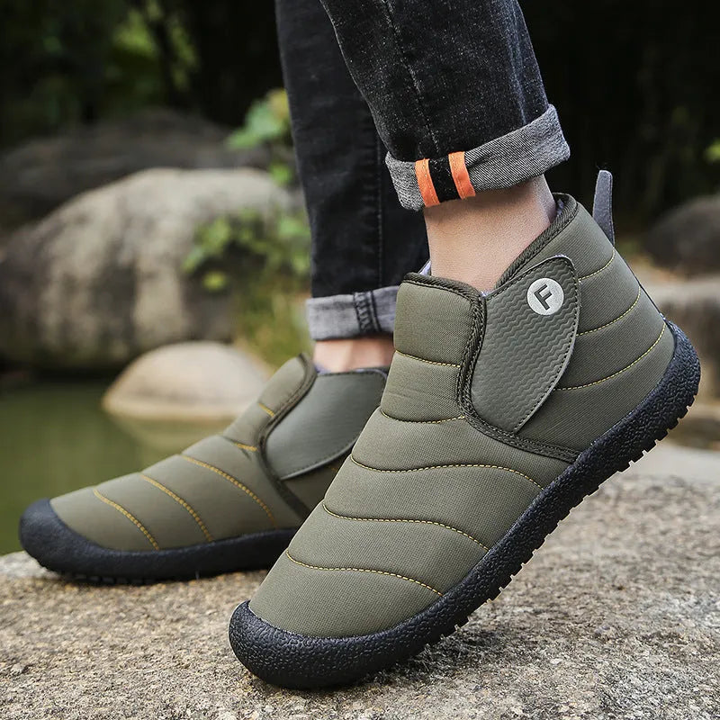 Men's cotton snow boots with non-slip rubber sole and plush lining in black, blue, green, or yellow.