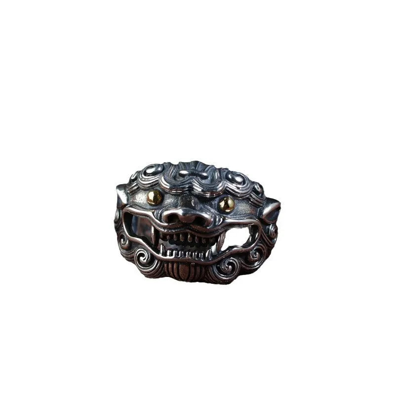 Silver open ring with domineering jibeast pattern showing animal zodiac modelling details