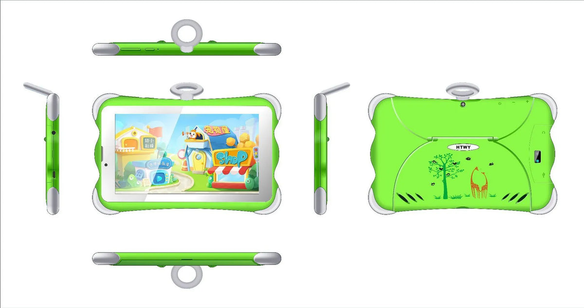A 7-inch children's learning tablet in a cartoon colour, shown with its stand attached, on a table.