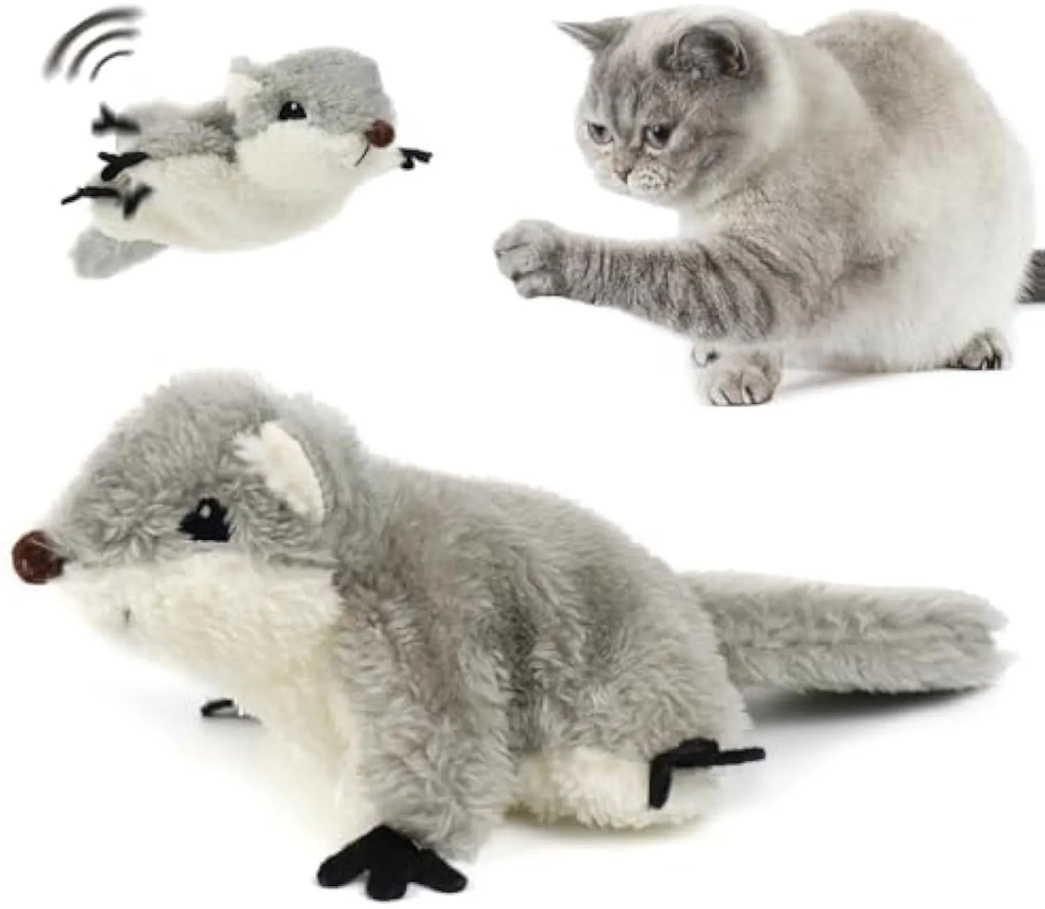 Grey flapping squirrel cat toy with USB charging cable on floor