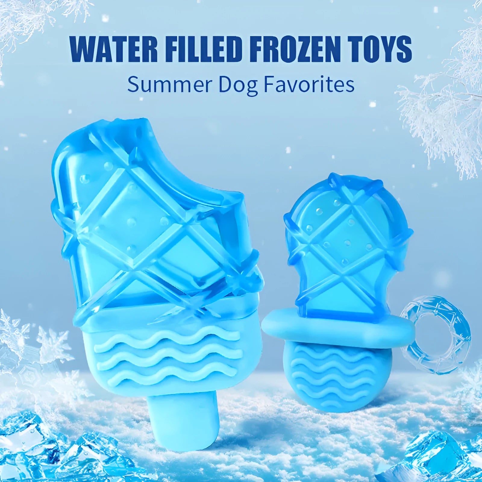 Three water-filled dog cooling toys: pacifier, popsicle and ring shapes for summer heat relief