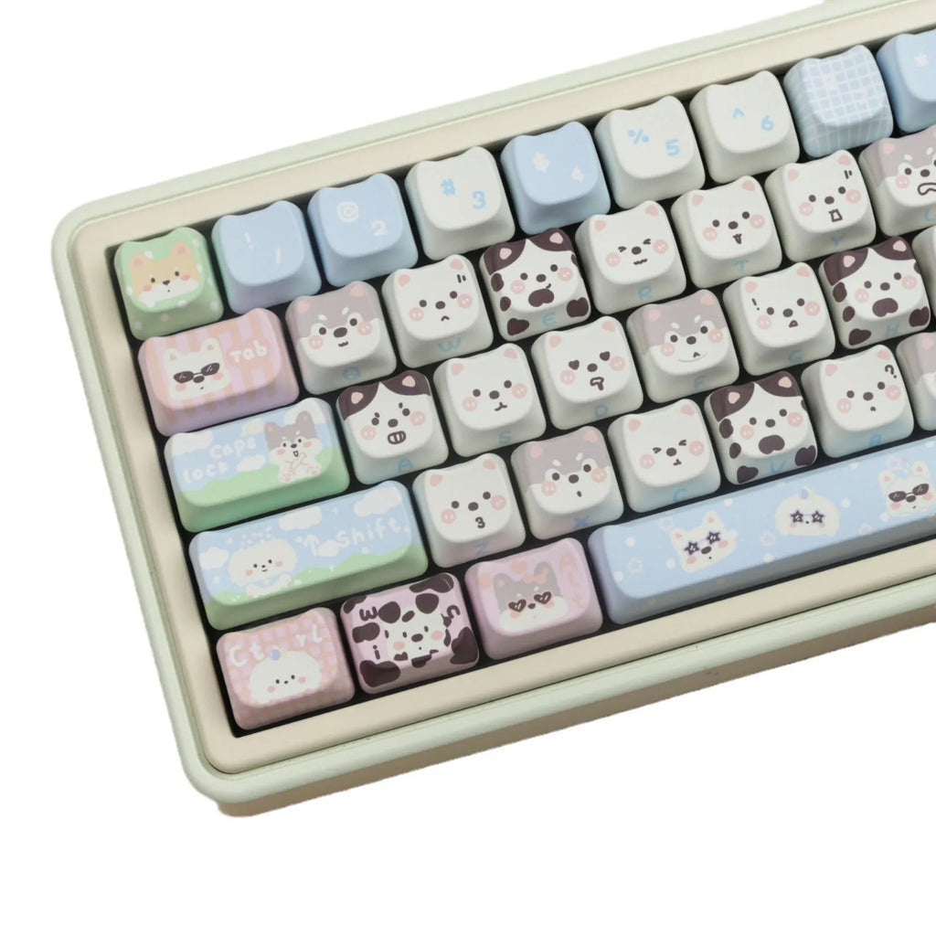 PBT key cap set with colourful cat and puppy anime artwork for mechanical keyboards