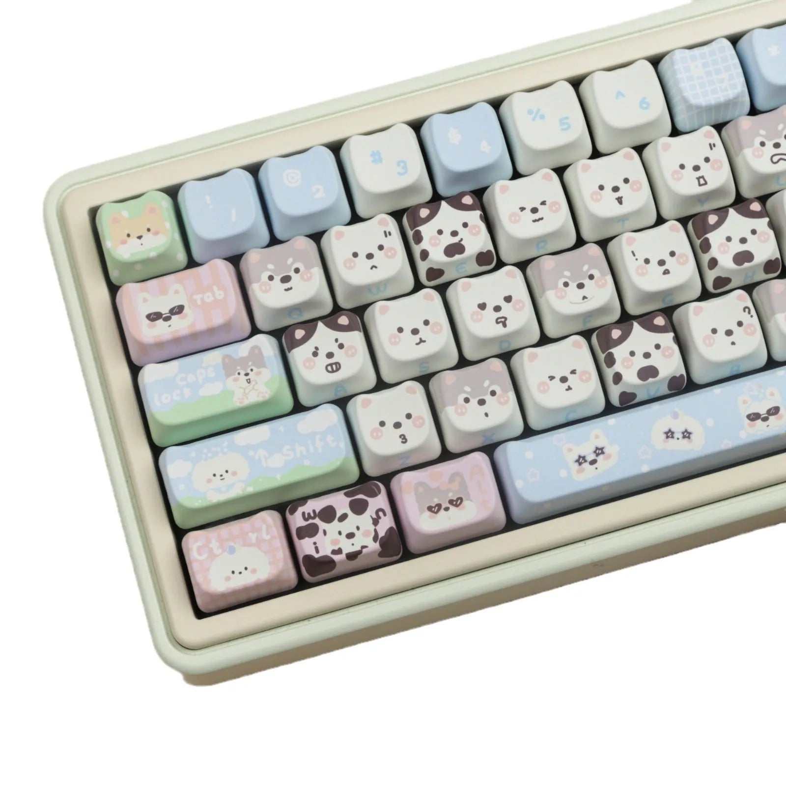 PBT key cap set with colourful cat and puppy anime artwork for mechanical keyboards