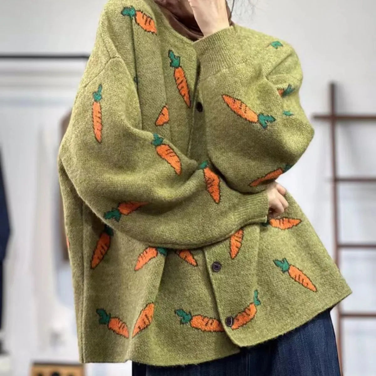 Mori artistic printing colour contrast cardigan sweater in loose free size fit