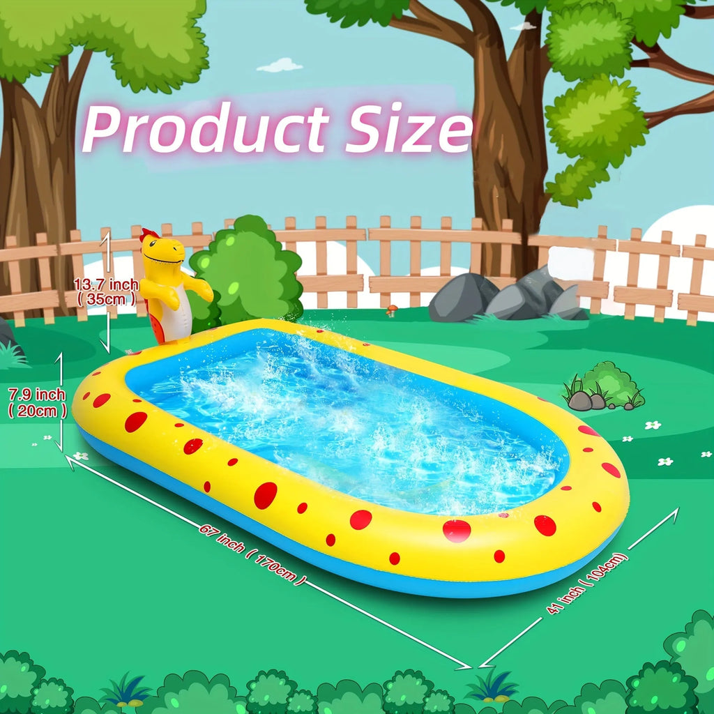Blue dinosaur-shaped inflatable water spray pool with shark design for kids outdoor play