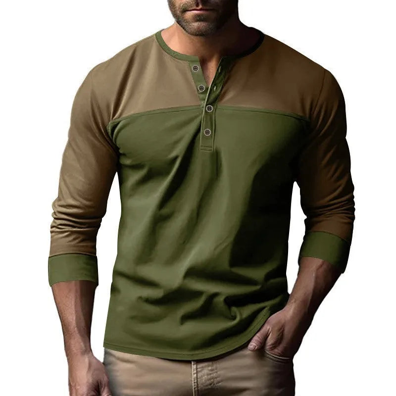 Men's long sleeve casual shirt with henry collar in solid colour beaded twill fabric.