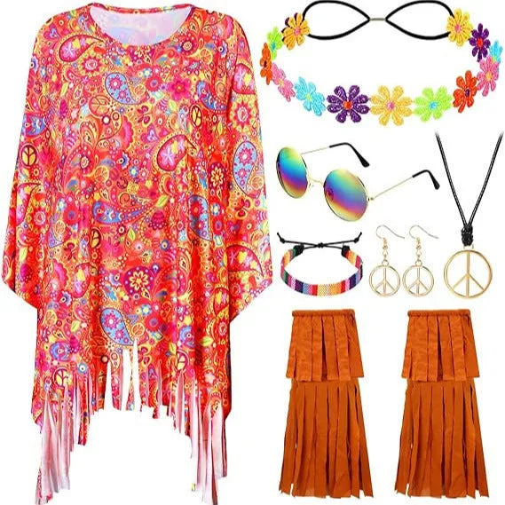 Tie-dye cloak costume with bell sleeves in rainbow colours for Halloween parties