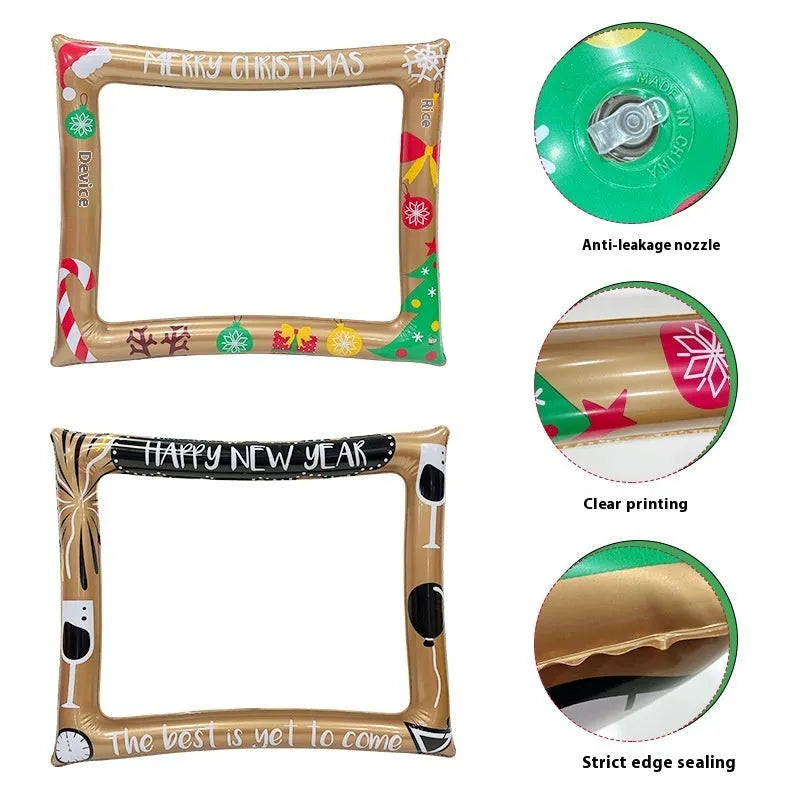 Red and white Christmas-themed inflatable photo frame made from PVC, shown as a party backdrop.