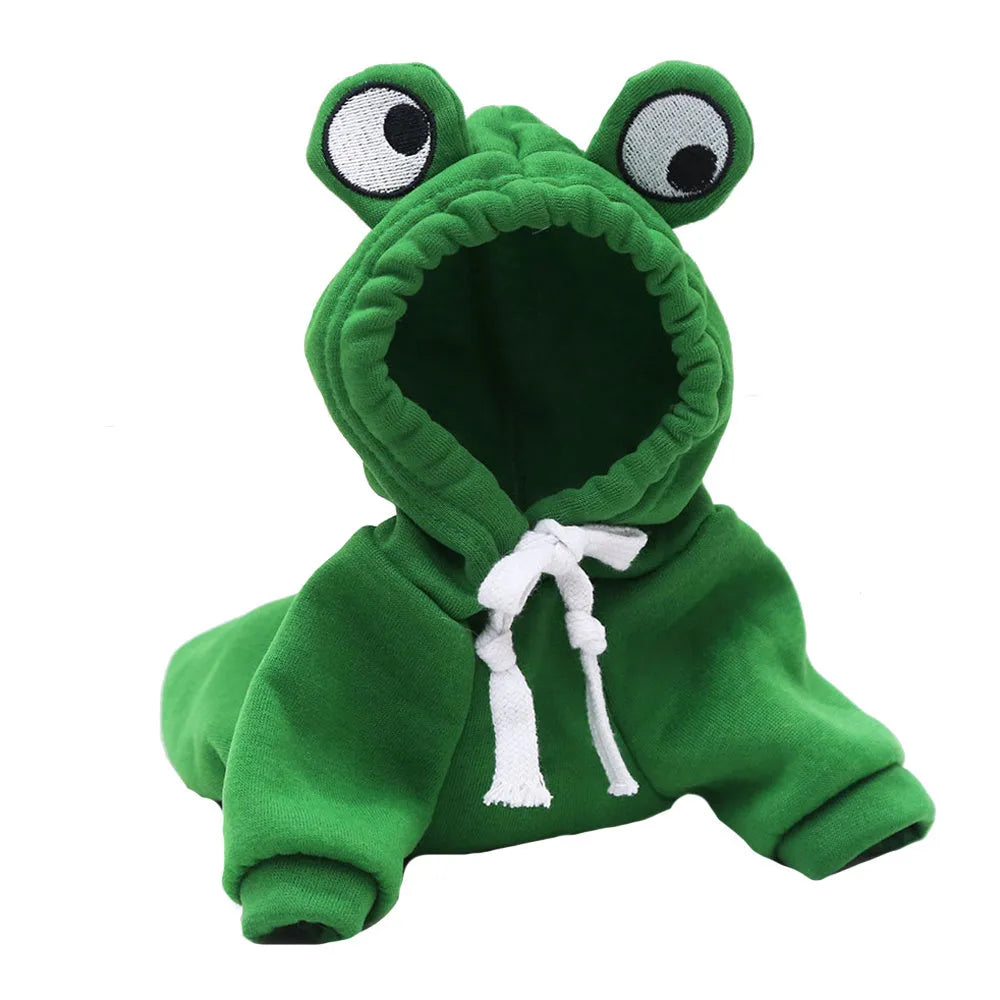 Green frog costume hoodie on a small dog, showing the hood and zip front.