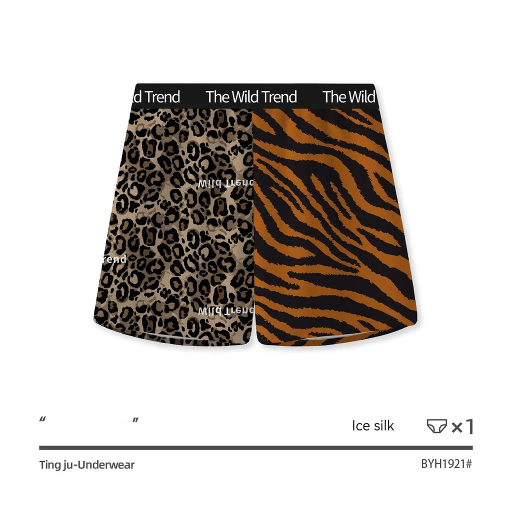 Leopard print ice silk woven men's shorts, loose four-corner cut, mid waist, sizes L to XXXL