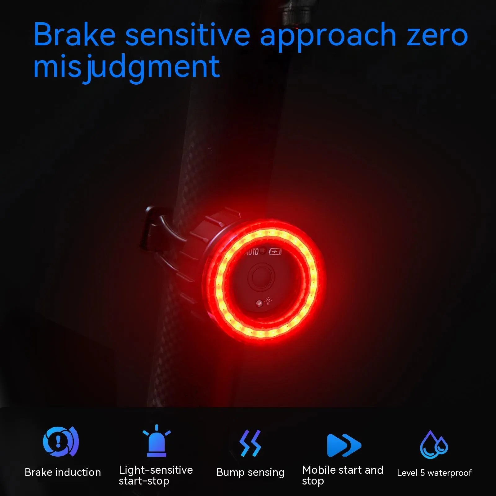 Black intelligent induction brake taillight with aluminum alloy body and seat tube bracket for cycling