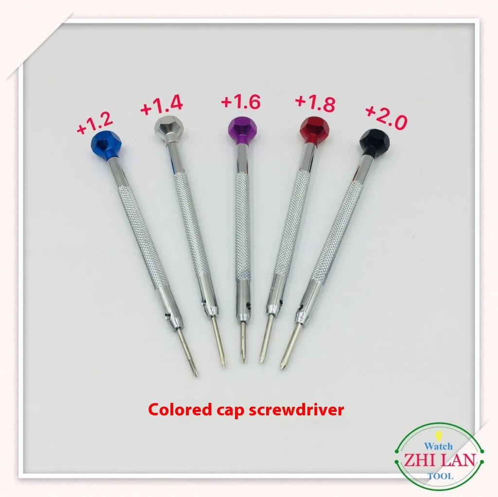 Set of six colour-coded aluminium handle screwdrivers for watch and precision repair work.