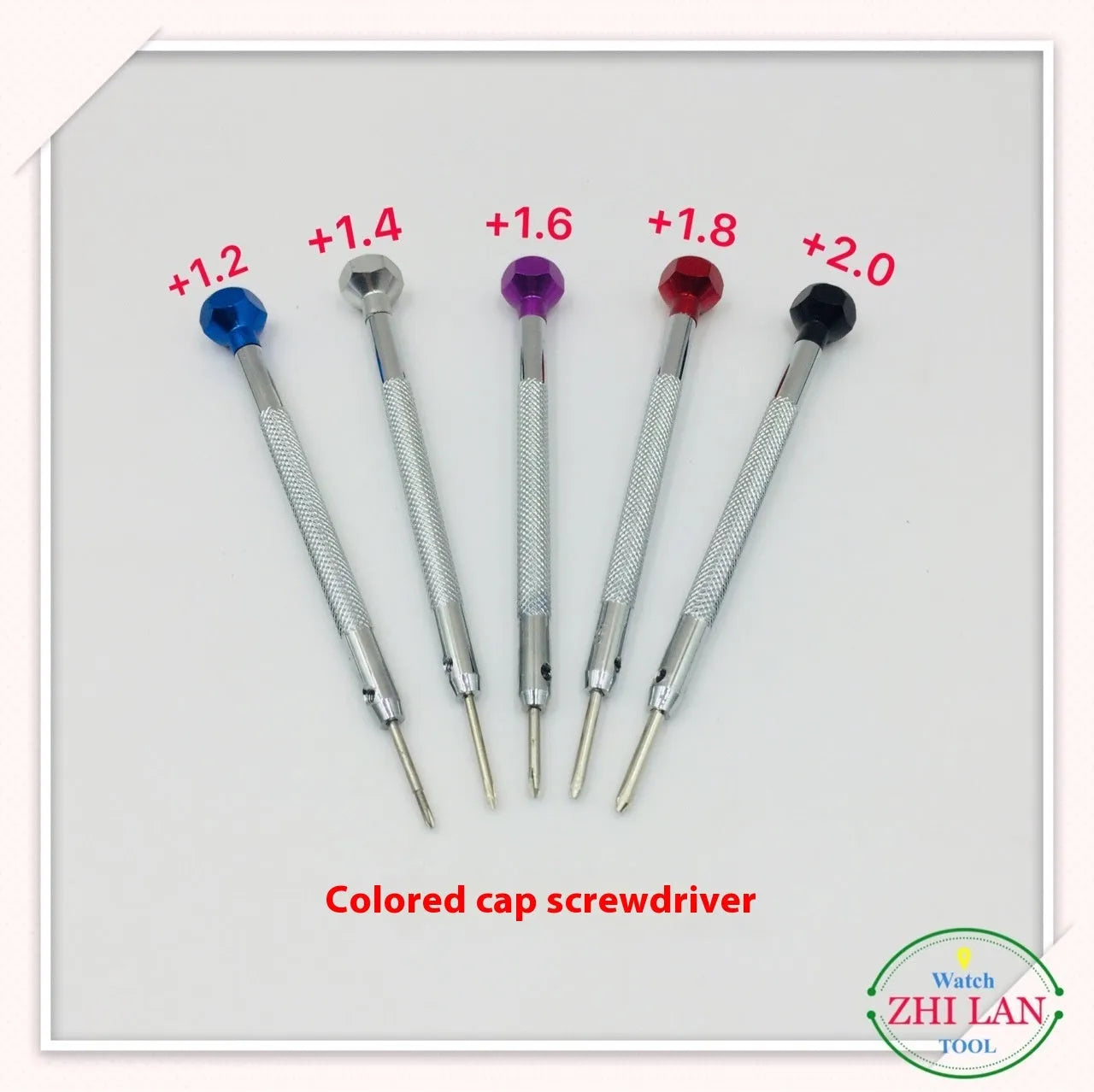 Set of six colour-coded aluminium handle screwdrivers for watch and precision repair work.