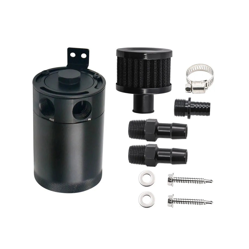 Automotive aluminium oil pot with two-hole breathable design and oil-free valve in black finish