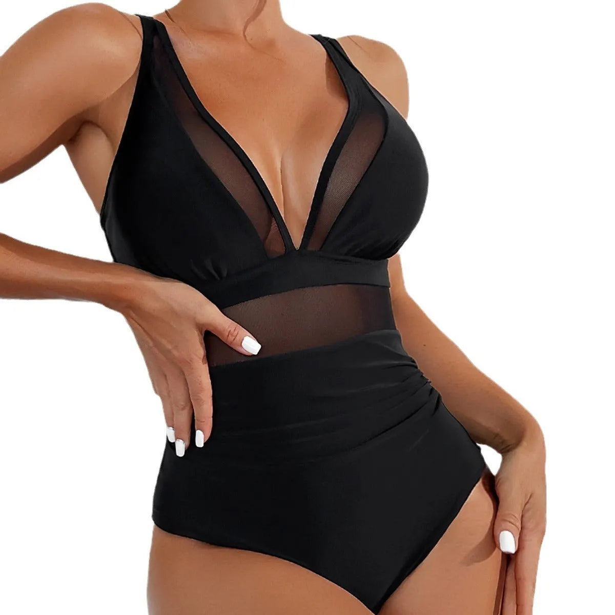 Black women's one-piece halter swimsuit with mesh detailing and attached briefs, shown on a size chart.