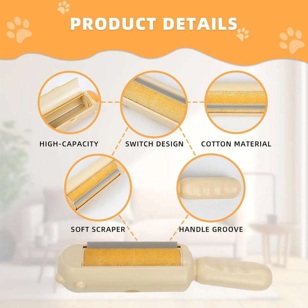 Blue pet hair remover roller with self-cleaning base on a carpet next to a dog.