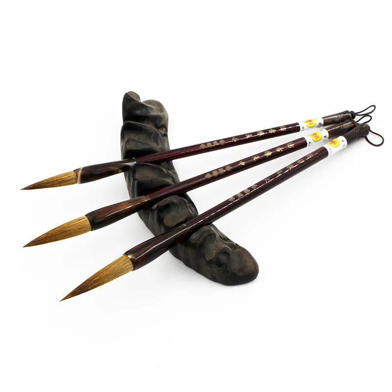 Longfeng steel rod calligraphy brush set with Wolf Hao nibs in large, medium, and small sizes.