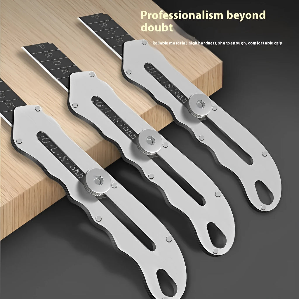 Stainless steel folding art knife with black blade and a pack of long and trapezoidal blades.