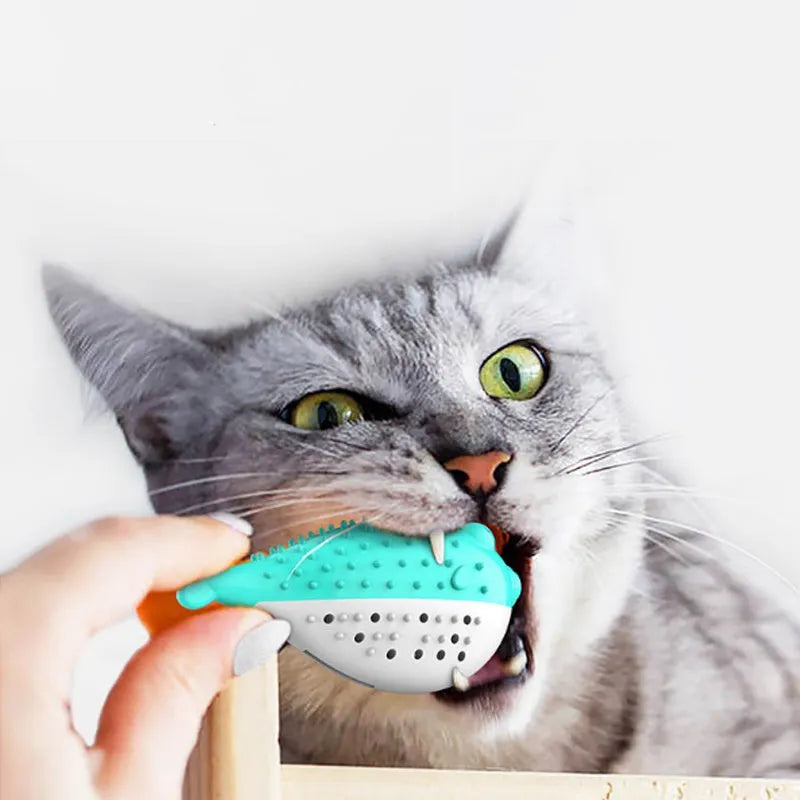 Silicone fish-shaped cat chew toy for grabbing and chewing, measures 12.2 cm