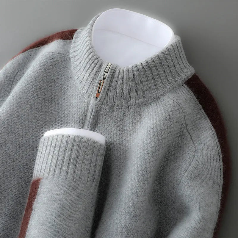 Men's slim fit half-zip wool pullover sweater in raw velvet camel colour showing front detail
