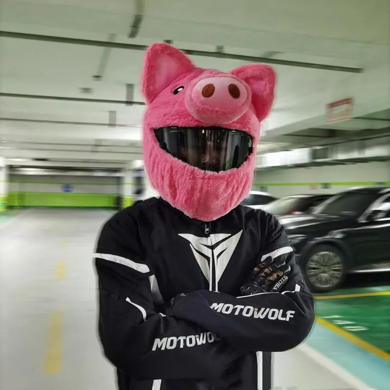 Pink pig cartoon plush hood cover for a motorcycle helmet made from pv velvet cloth.