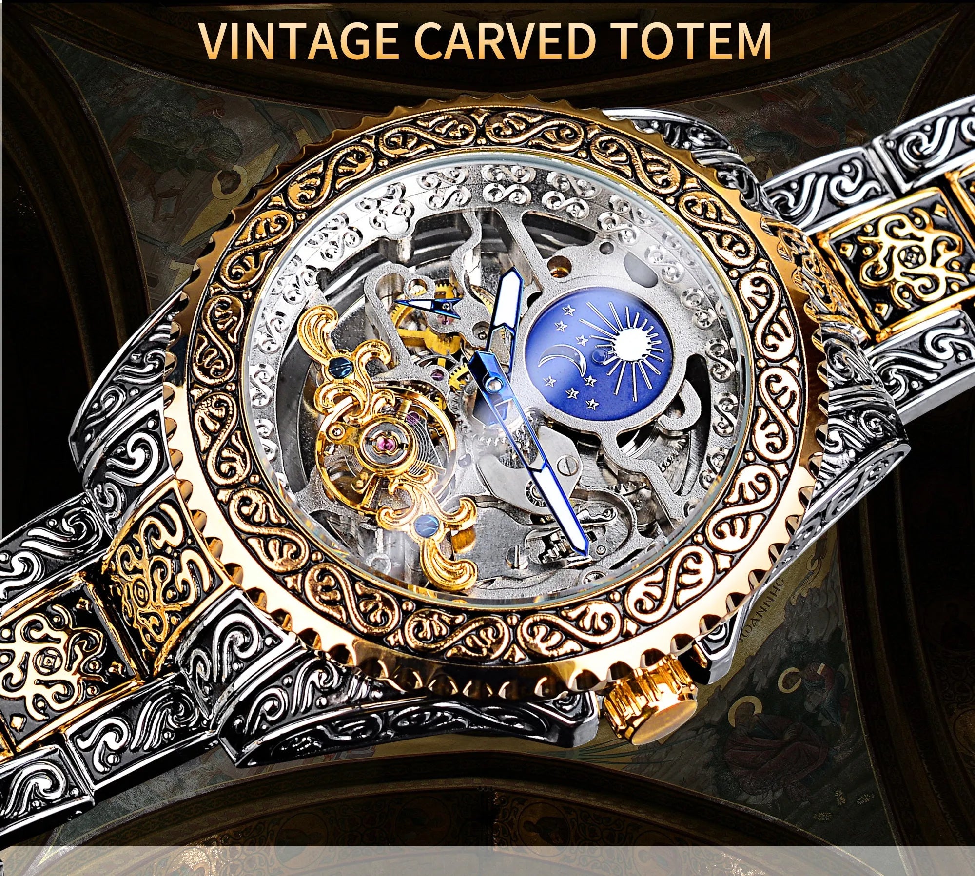 Forsining yellow skeleton tourbillon mechanical watch with stainless steel band