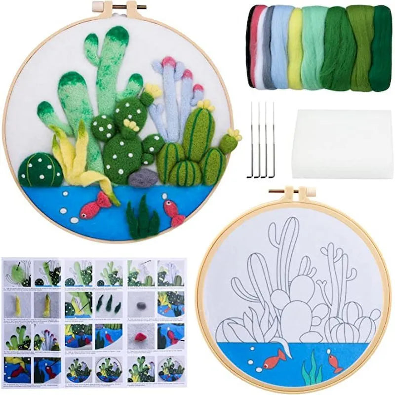 Round linen embroidery kit with wool felt pieces and a 20cm hoop for 3D blanket painting.