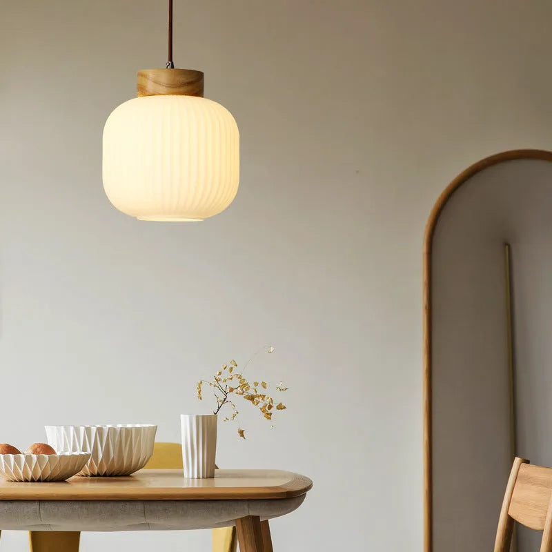 Nordic style retro wooden pendant ceiling light chandelier showing three size and light colour options.