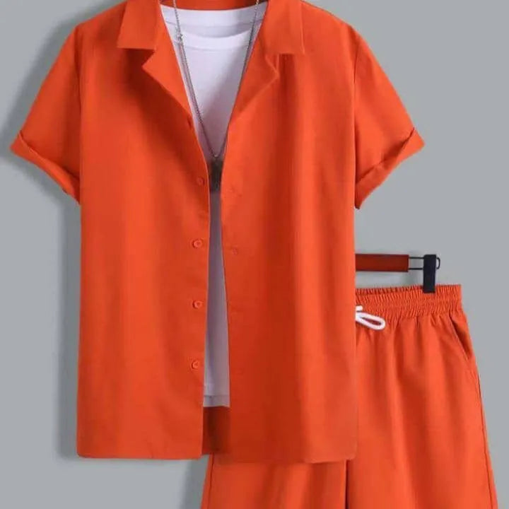 Men's light grey Cuban collar short sleeve shirt with matching shorts sport suit set