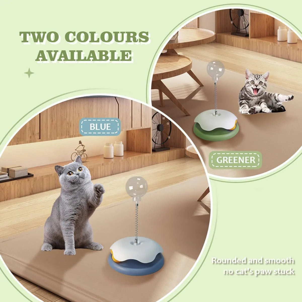 Blue and green interactive cat treat dispenser toy with track ball, measuring 21.5 by 32 cm.