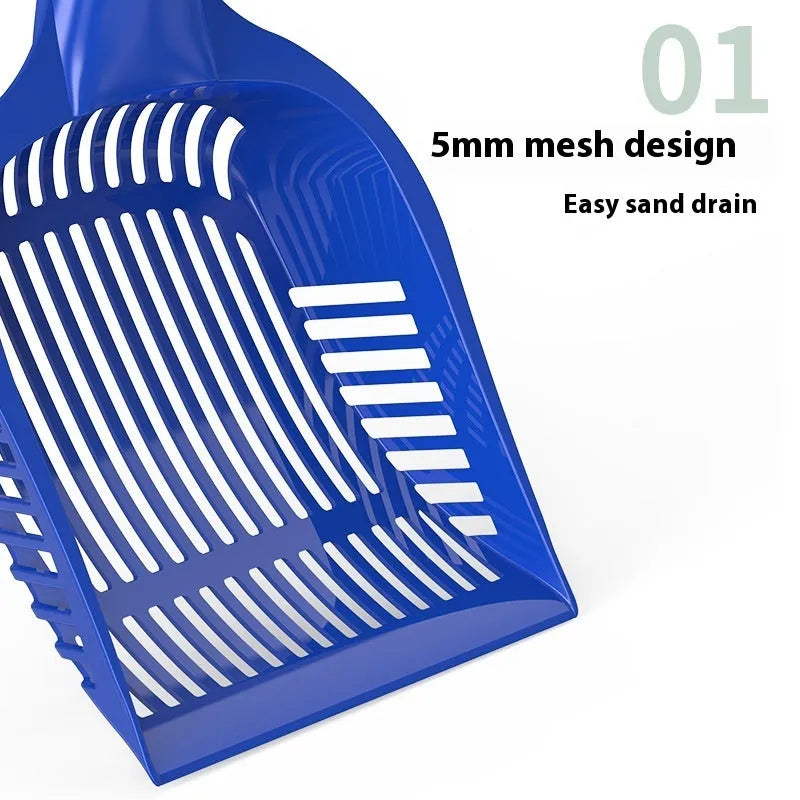 Plastic cat litter scoop in red, yellow and blue colours showing small and medium size options