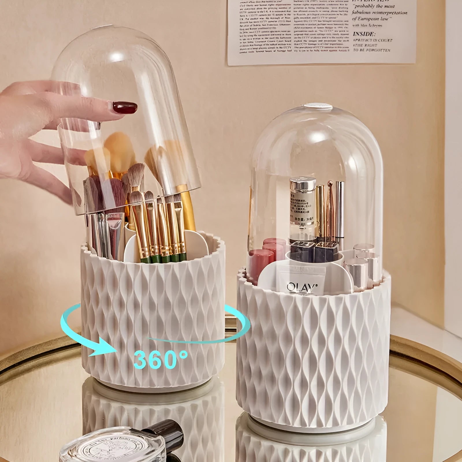 White rotating transparent makeup brush storage organiser with dust cover on desktop