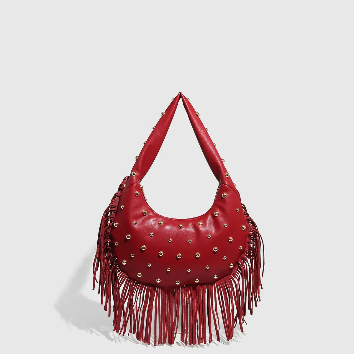 Retro black shoulder handbag with a long tassel and a wine red colour option, shown with internal phone pocket.