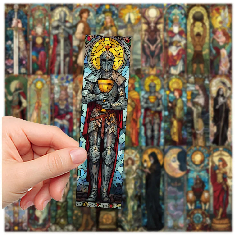 Set of 30 colourful paper bookmarks with painted glass tarot illustrations in a cute homemade style.