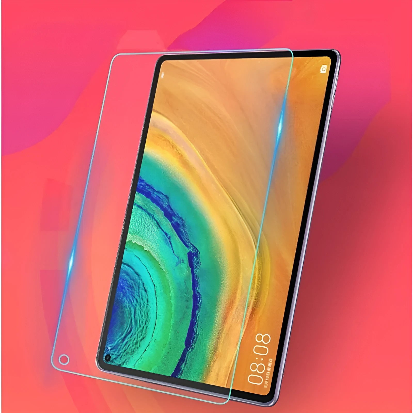 Clear tempered glass screen protector for Huawei MatePad Pro tablet on a flat surface.