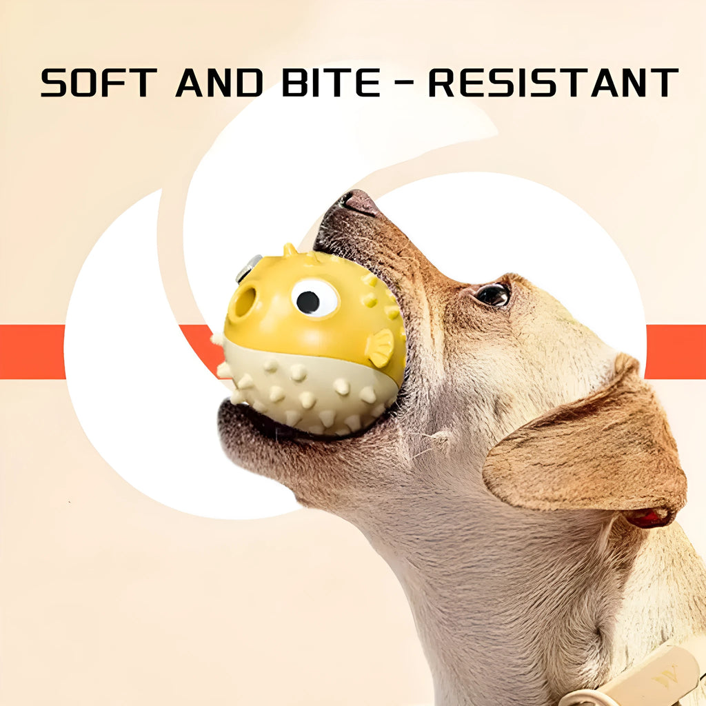 Yellow fish-shaped durable vinyl dog chew toy with textured surface for dental care.