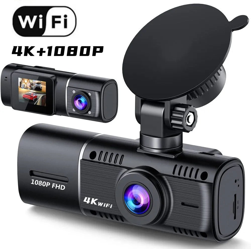 Black dual-lens car dash camera for front and rear recording with parking surveillance mode