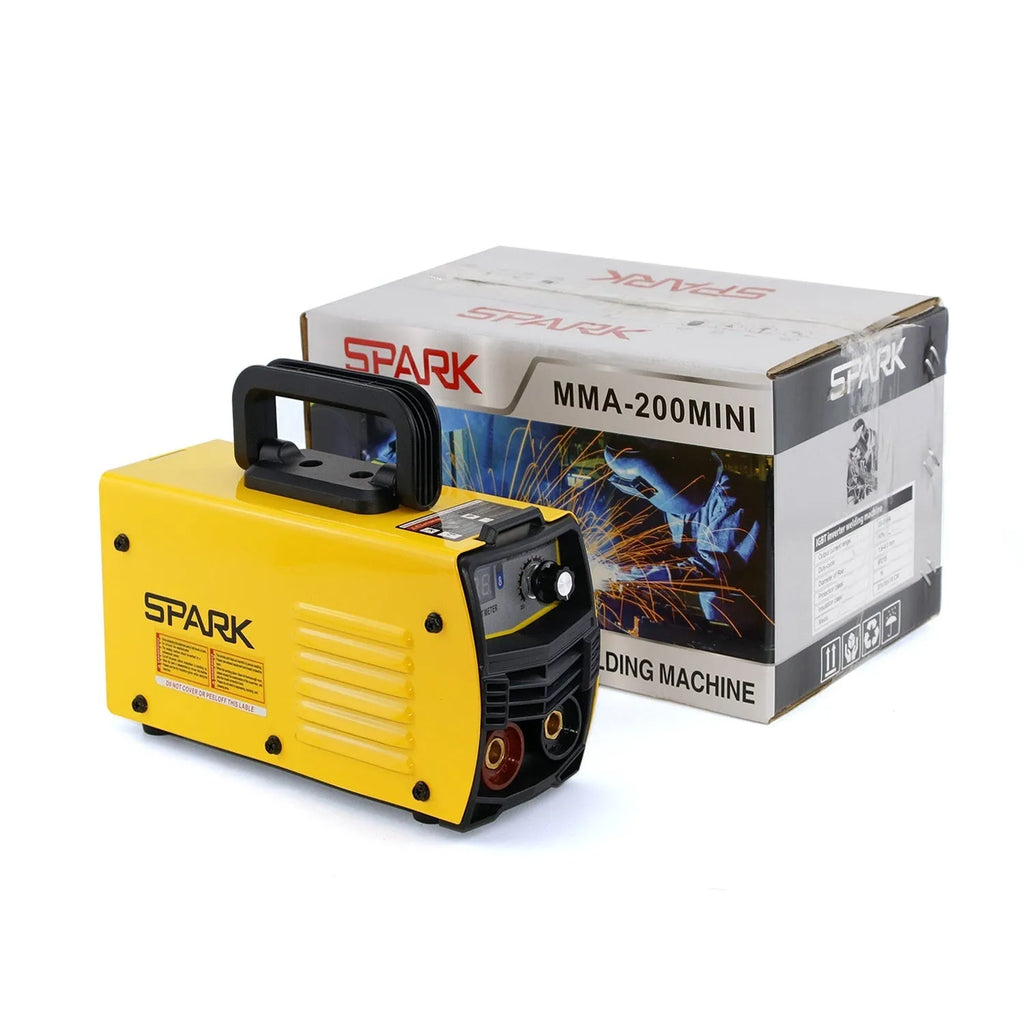 MMA-200MIN household DC welding machine with face shield and welding accessories on workbench
