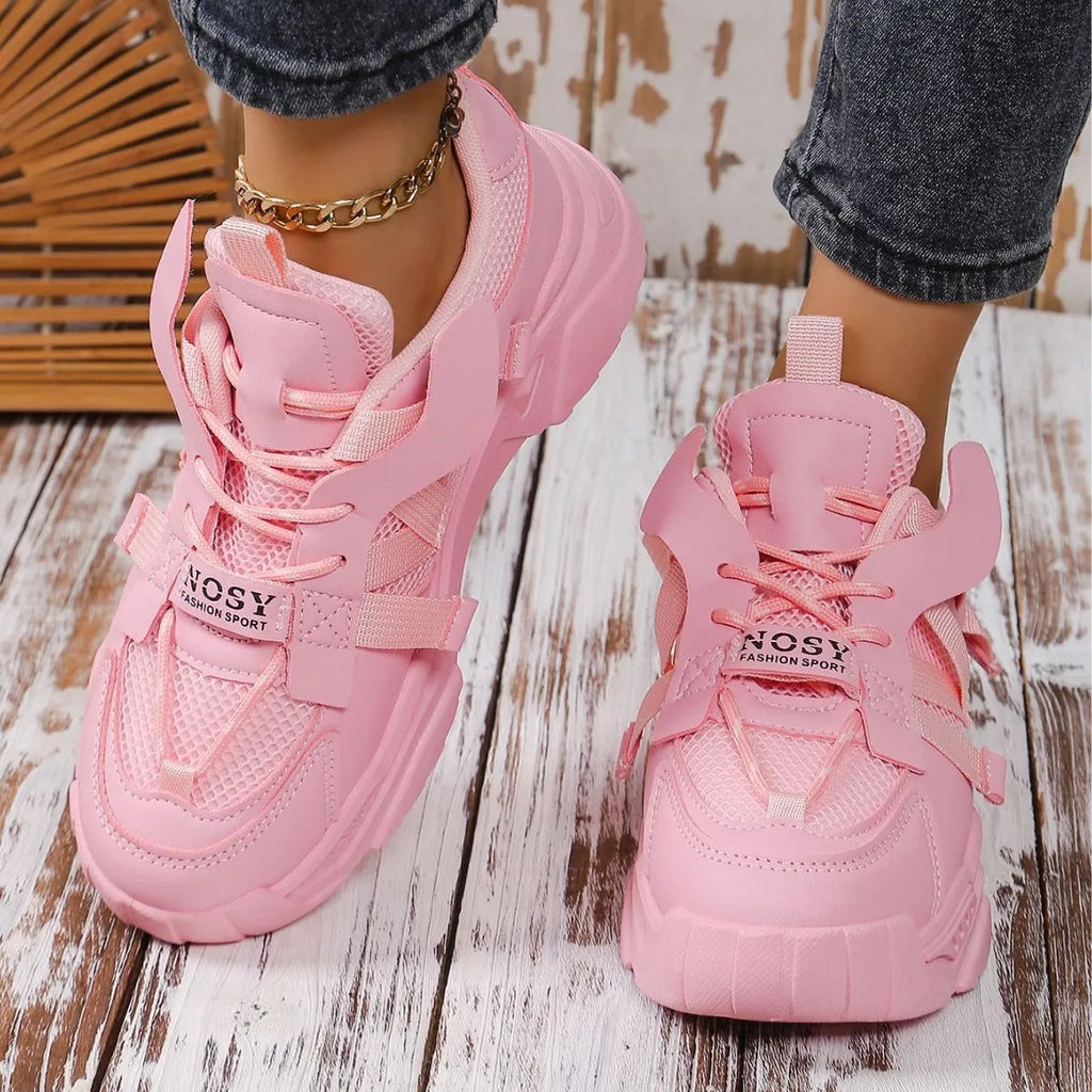 Women's purple platform mesh sports shoes with lace-up front and breathable construction
