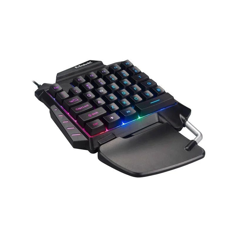 Black one-handed gaming keyboard throne converter with USB cable and built-in hand rest for left-hand PC gaming