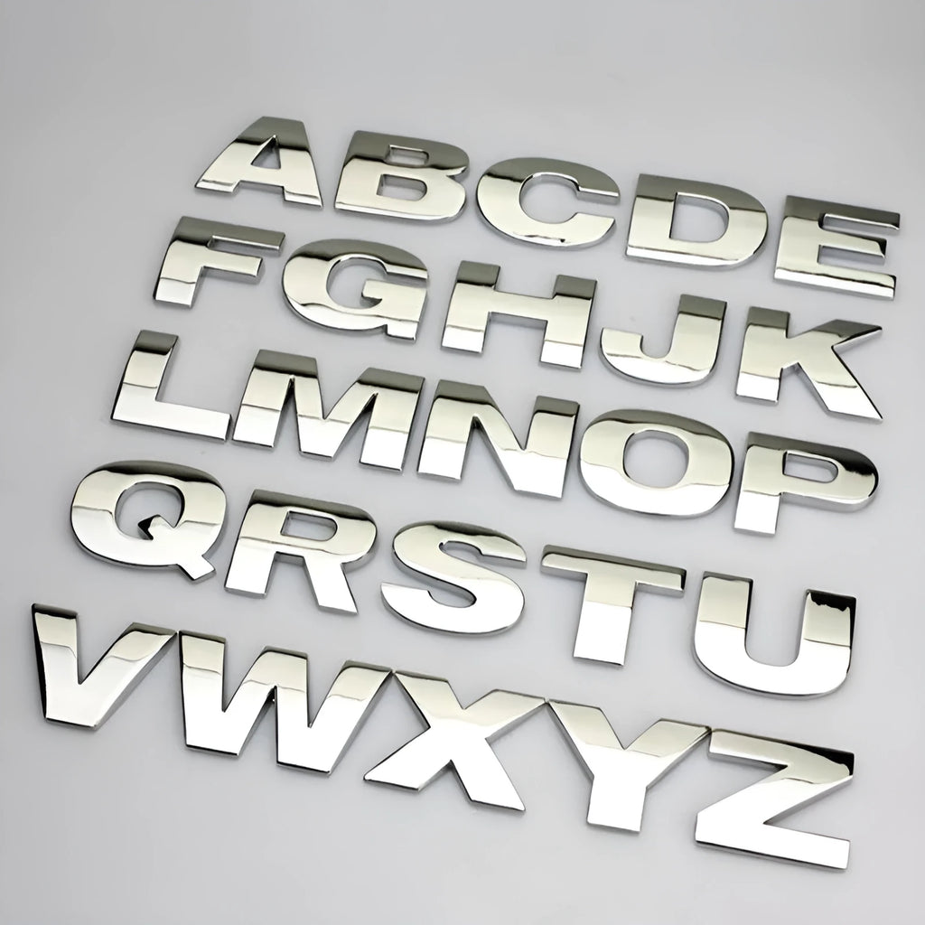 3D metal car bumper sticker with raised English letter on vehicle surface