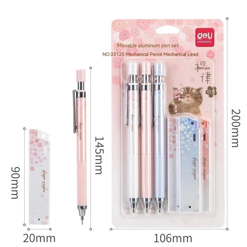 Cartoon style automatic pencil set with three pens and HB lead refills in mixed colours.